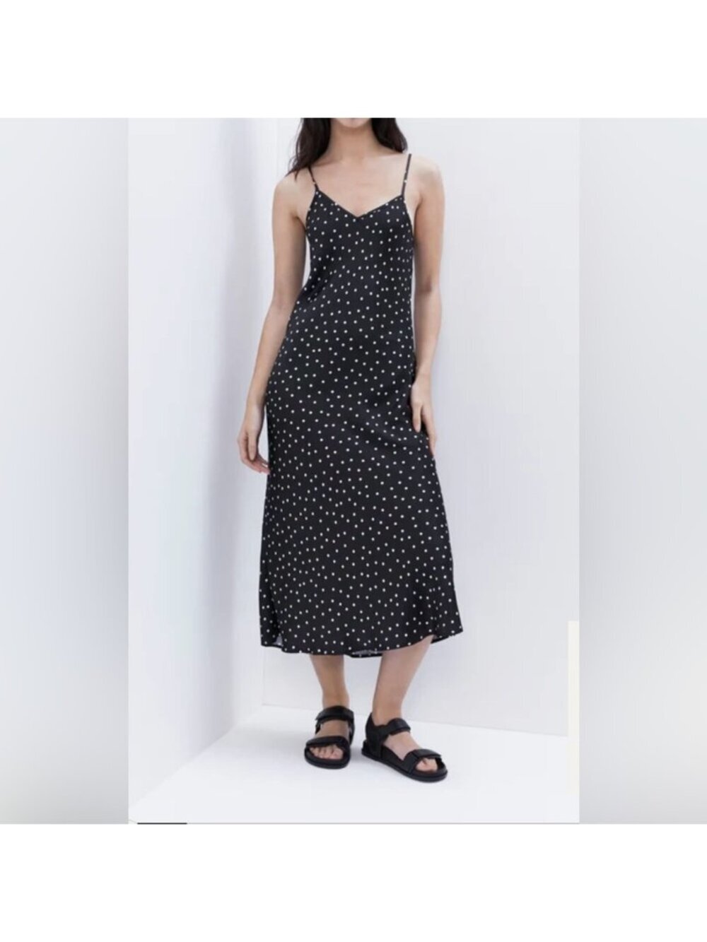 The Drop Ana Silky V Neck Midi Slip Dress Black & White Polka Dot